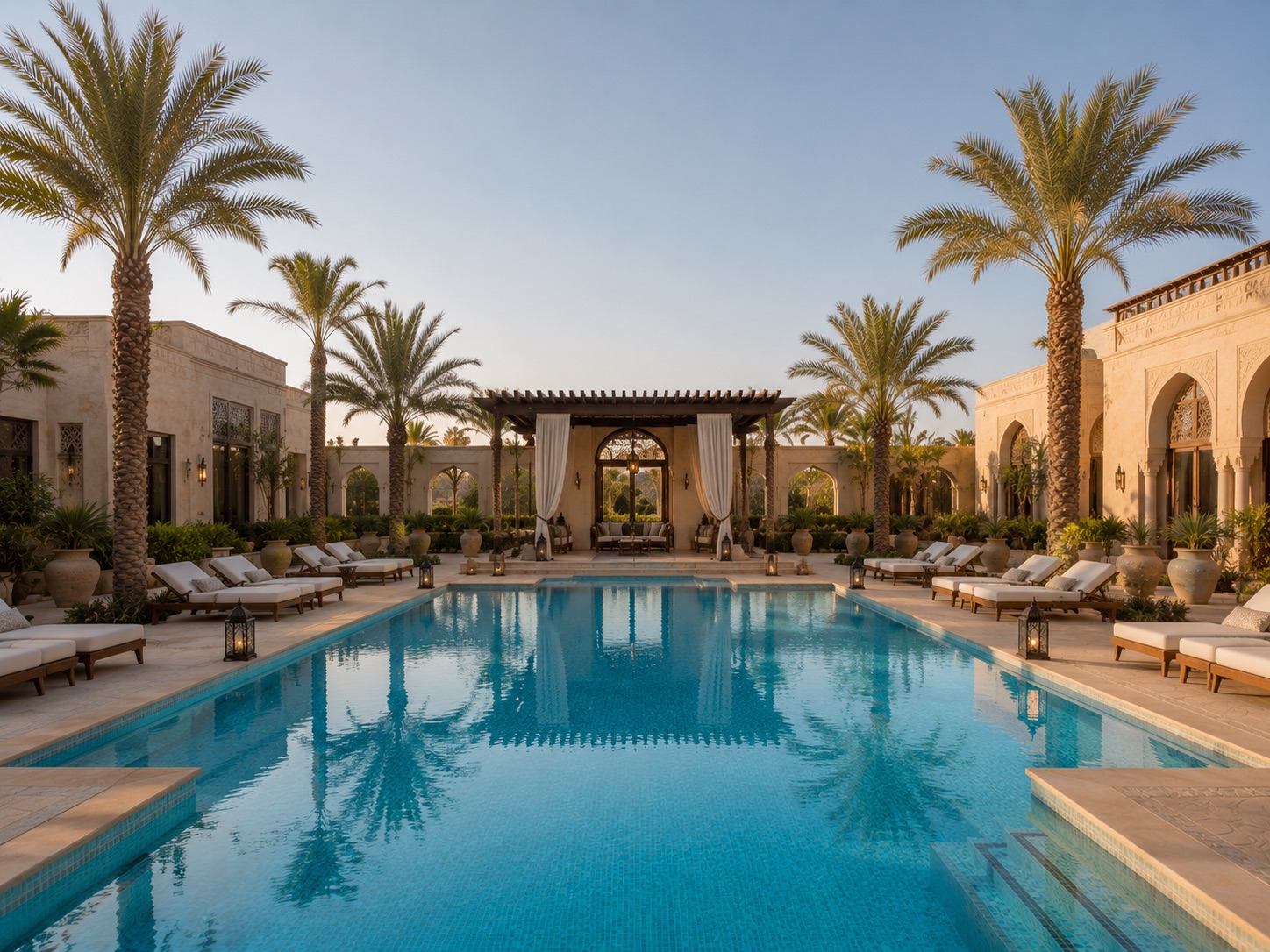 Luxury swimming pool maintained by Al Kahaf in Bahrain — large geometric commercial pool.
